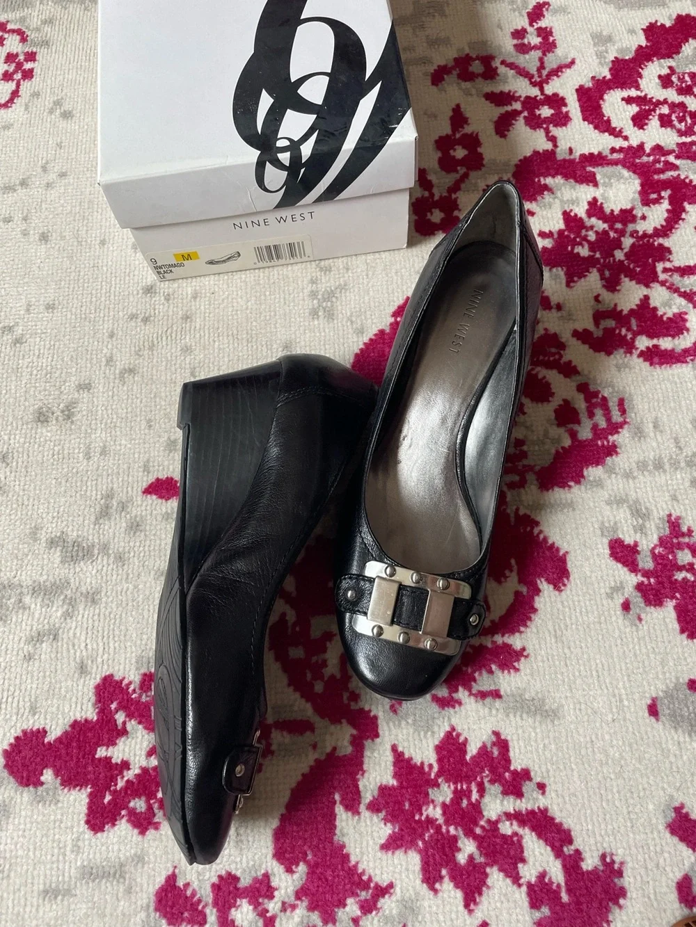 Black Women's leather wedges with Silver Hardware